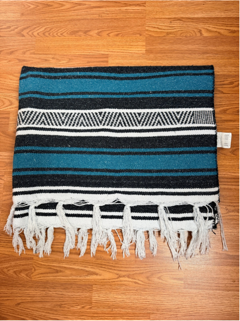 Simply at Home Mexican Falsa Blanket Teal Black White Woven 45x74 Fringe